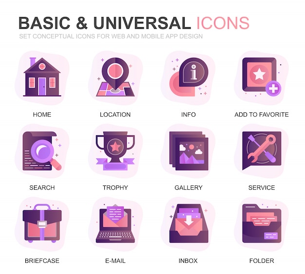 Modern set basic gradient flat icons Vetor Premium