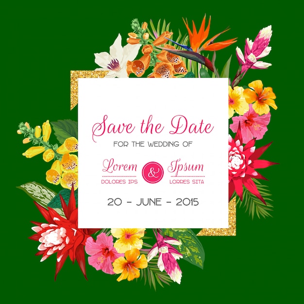 Molde do convite do casamento com tiger lily flowers e folhas de palmeira. economias florais tropicais o cartão de data Vetor Premium