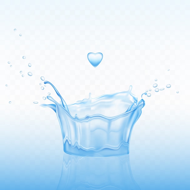Molhe o respingo na forma da coroa com gotas do pulverizador e gota do coração no fundo transparente azul. Vetor grátis