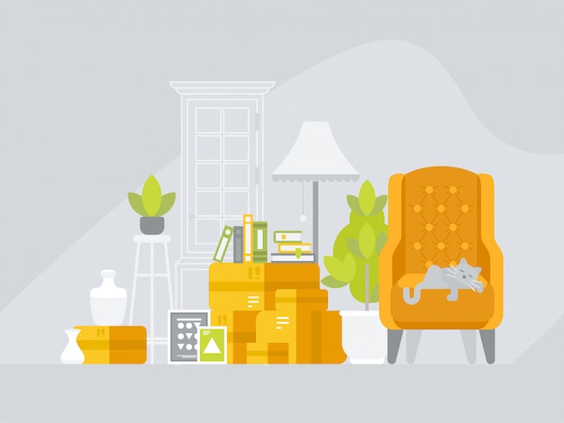 Movendo-se com caixas com várias coisas para a nova casa Vetor Premium