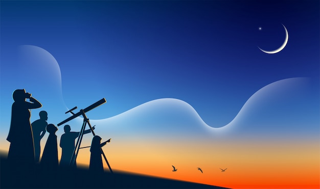 Muçulmano procura o céu com binóculos para a lua nova (hilal) hajj mabrour eid mubarak Vetor Premium
