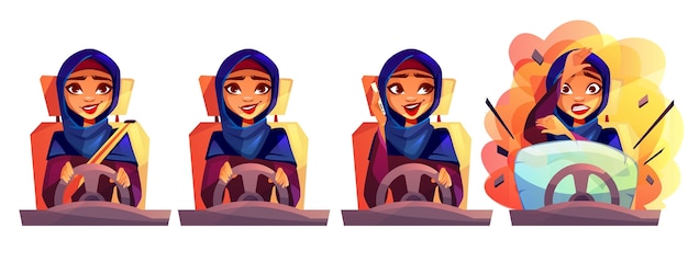 Mulher árabe, dirigindo, ilustração carro, de, menina, em, hijab arábia saudita, com, não, aperte, seatbelt Vetor grátis
