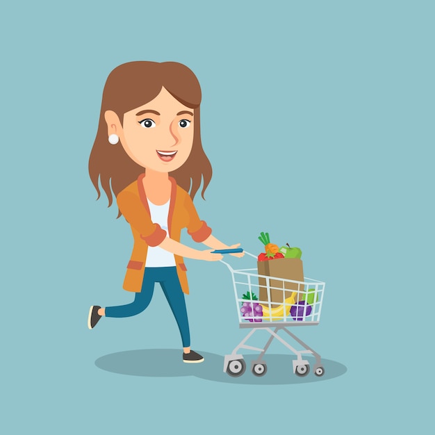 Mulher caucasiana, correndo com um carrinho de compras. Vetor Premium