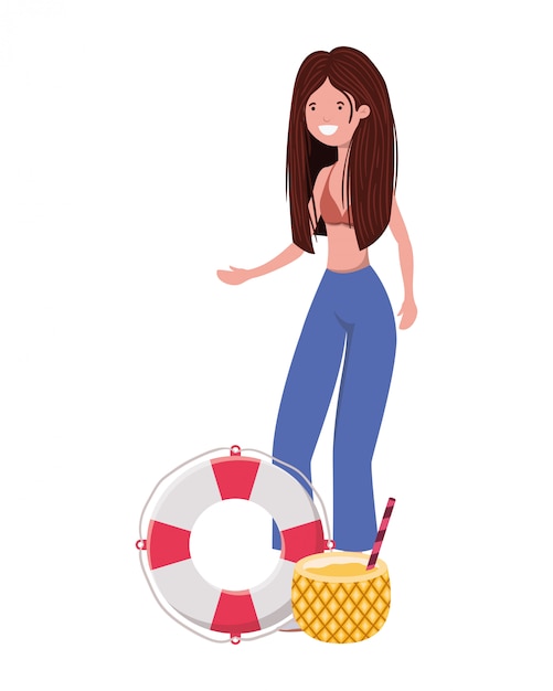 Mulher, com, swimsuit, e, lifesaving, flutuador, em, branca Vetor grátis