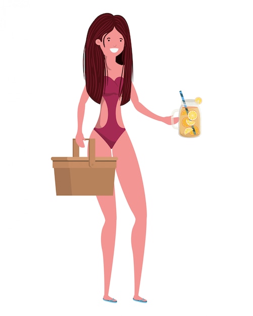 Mulher, com, swimsuit, e, vidro, com, refrescar, bebida Vetor grátis