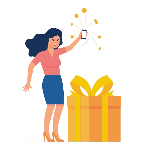 Mulher feliz coletar ponto e recompensa do e-commerce | Vetor Premium