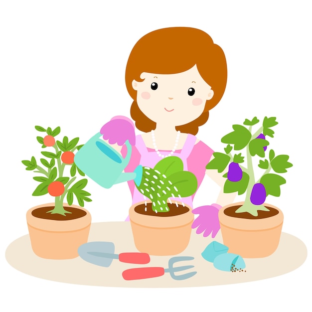 Mulher Feliz Regando Desenhos Animados Das Plantas Vetor Premium