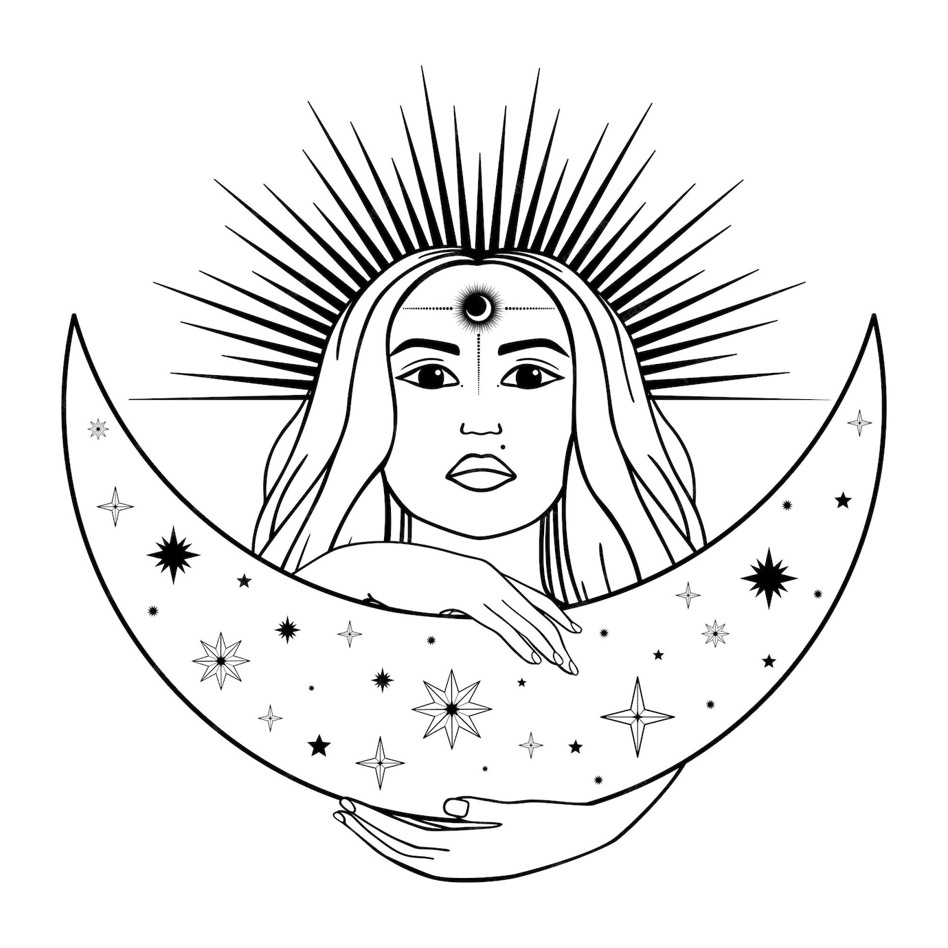 Mulher Mística Desenhada De Mão Com Sol Lua E Estrela Na Arte Em Linha Mulher Jovem Silhueta 9154