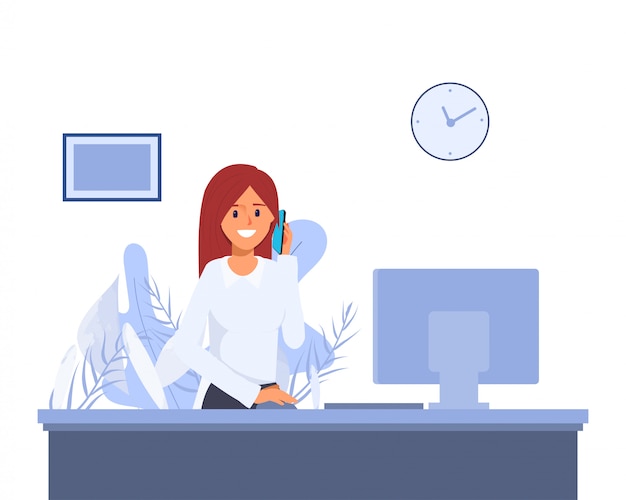 Mulher que trabalha na operação no hotel da entrada. call center ou personagem de recepção. emprego de serviço do hotel. Vetor Premium