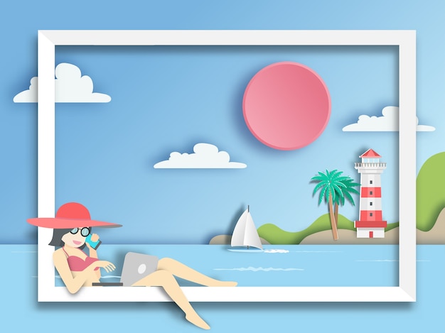 Mulher que usa o laptop no barco com fundo do mar. Vetor Premium