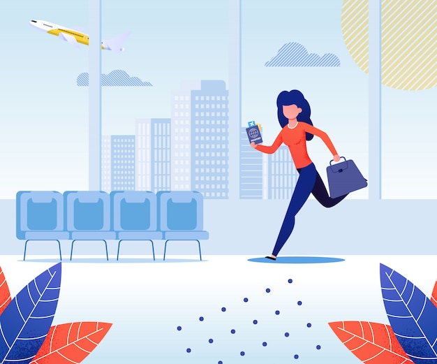 Mulher que viaja pelo saco e pelo passaporte planos da terra arrendada com ilustração lisa do vetor dos desenhos animados do bilhete. menina no terminal do aeroporto. personagem correndo ou correndo para o vôo. estar atrasado para o embarque. Vetor Premium