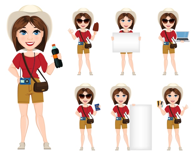Mulher turista, viajante Vetor Premium