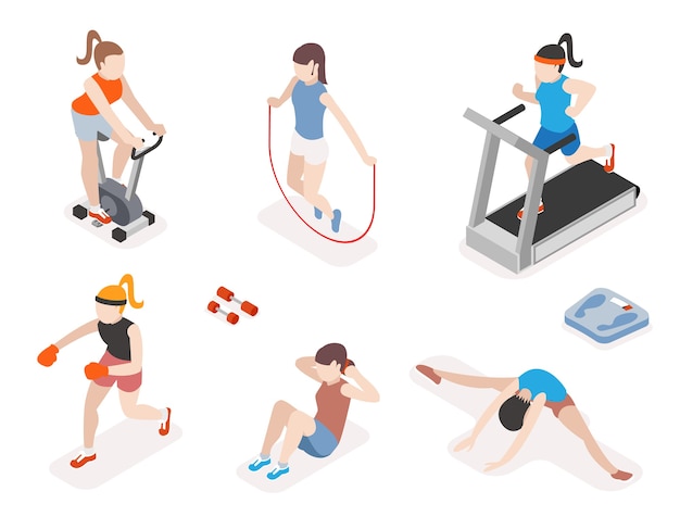 Mulheres De Fitness No Ginásio Treino De Ginástica E Exercícios De Ioga ícones 3d Isométricos 1559