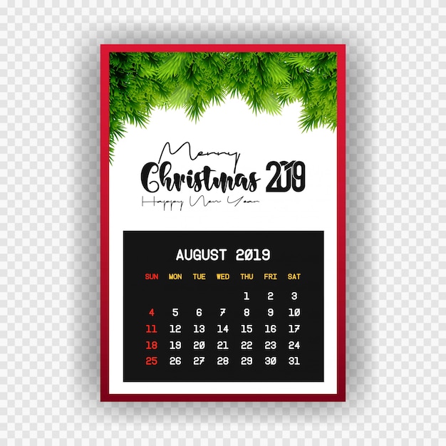 Natal feliz ano novo 2019 calendário agosto Vetor grátis