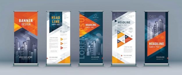 Negócios roll up modelo conjunto. design de standee, triângulo geométrico Vetor Premium