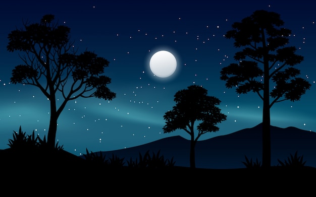 Noite linda paisagem do céu na floresta com lua e estrelas | Vetor Premium