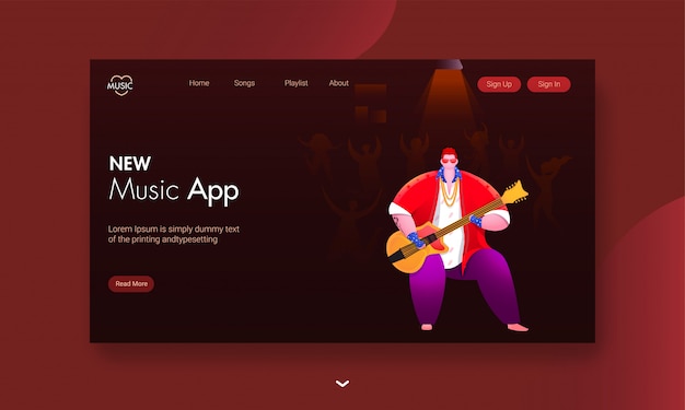 Nova página de música app app com ilustração de cara tocando violão com pessoas dançando no marrom. Vetor Premium