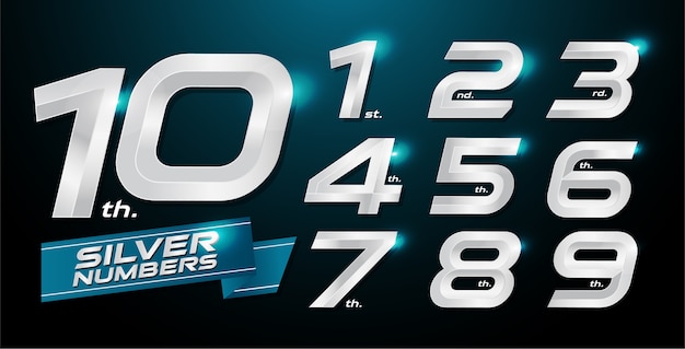 Números de metal. números de prata. 1, 2, 3, 4, 5, 6, 7, 8, 9, 10, logo Vetor Premium
