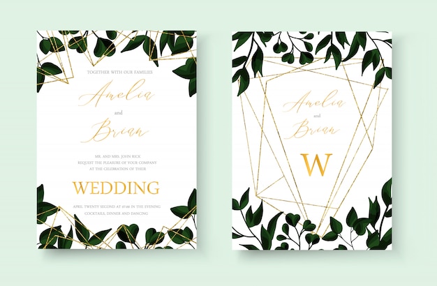 O cartão dourado floral wedding do convite salvar o projeto da data com as ervas tropicais verdes da folha com quadro triangular geométrico do ouro. estilo de aquarela botânica elegante decorativo vector modelo Vetor grátis