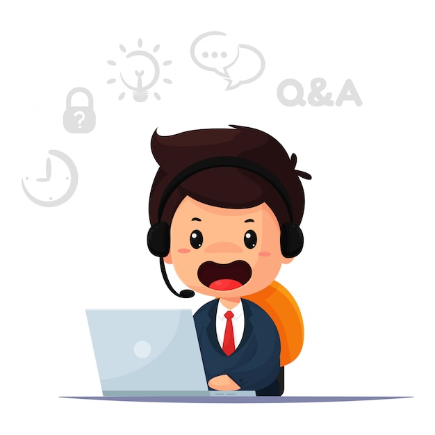 O funcionário e o operador de cartum é responsável por entrar em contato com os clientes e fornecer conselhos. Vetor Premium