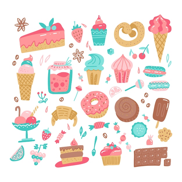 O grupo de vária cor rabisca ilustração simples áspera tirada mão dos doces e dos doces. Vetor Premium