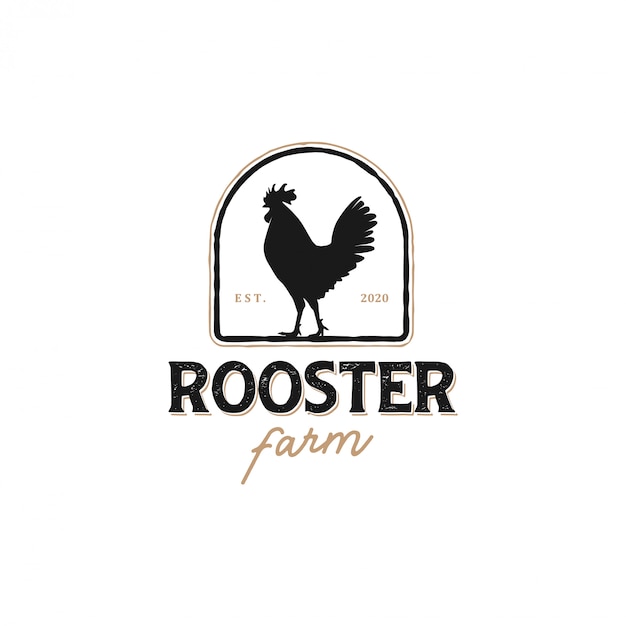 O logotipo de um galo com um modelo clássico para etiquetas de produtos, vendedor de carne de frango Vetor Premium