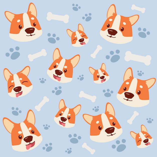 O padrão sem emenda de corgidog e passos de osso branco. Vetor Premium