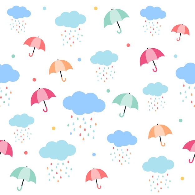 O padrão sem emenda de guarda-chuva e chuva. o padrão de guarda-chuva. o pingo de chuva forma a nuvem com uma cor do arco-íris. o bonito padrão em estilo de vetor plana. Vetor Premium