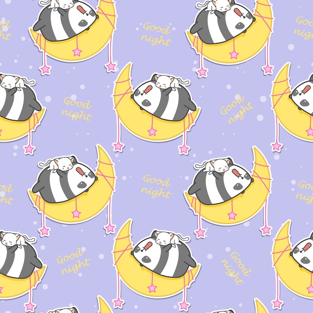 O panda e o gato sem emenda estão dormindo no teste padrão da lua. Vetor Premium