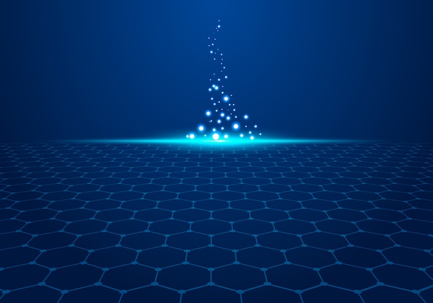 O teste padrão azul abstrato do hexágono da tecnologia no fundo com luz explode partículas. Vetor Premium