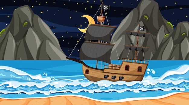 Oceano Com O Navio Pirata Na Cena Noturna Em Estilo Cartoon Vetor Premium