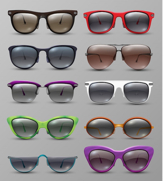 Óculos de sol realista isolado com conjunto de lentes de cor. óculos acessório, óculos de proteção Vetor Premium