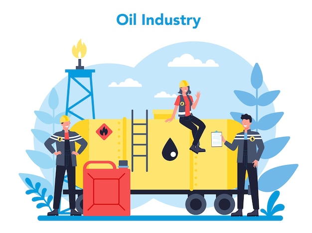 Oilman E O Conceito De Industria De Petroleo Pump Jack Extraindo Petroleo Bruto Das Entranhas Da Terra Producao E Negocios De Petroleo Ilustracao Em Vetor Plana Isolada Vetor Premium