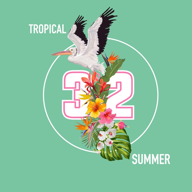 Olá verão design com plantas tropicais e aves Vetor Premium