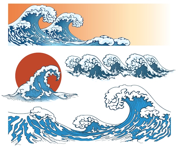 Ondas em estilo japonês onda do mar respingo da onda do oceano onda