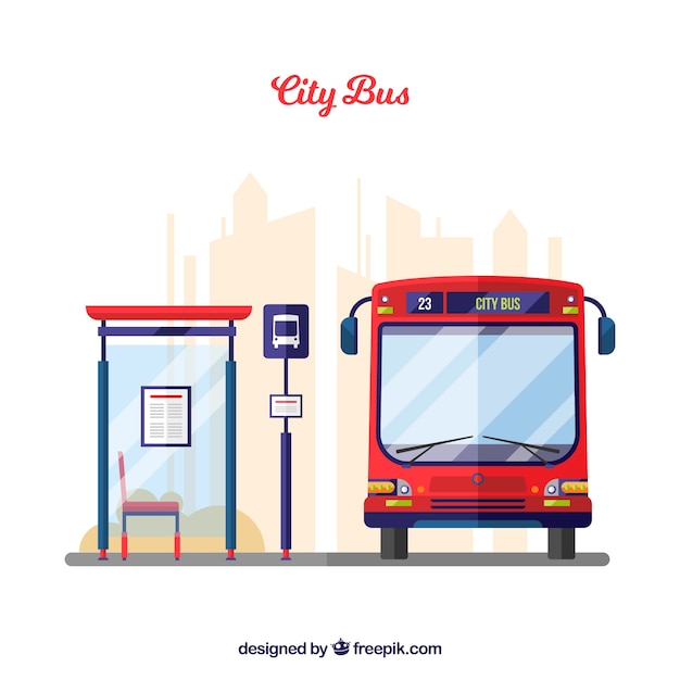 Ônibus urbano e ponto de ônibus com design plano Vetor grátis