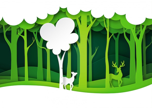 Os animais selvagens verdes da floresta e dos cervos com natureza ajardinam, estilo de papel da arte das camadas. Vetor Premium
