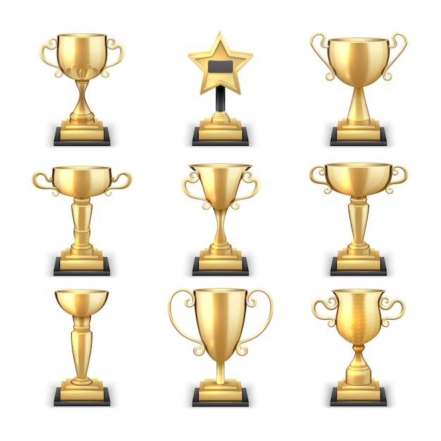Os copos e os esportes dourados de vencimento do troféu concedem a coleção do vetor isolada no fundo branco. realização dourada do copo, vitória e ilustração do esporte do prêmio Vetor Premium