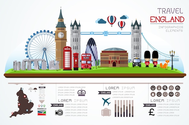Os gráficos da informação viajam e projeto do molde de inglaterra do marco. Vetor Premium