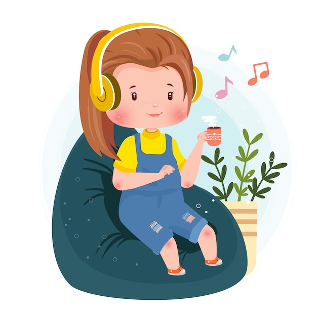 Ouvir Musica Relaxante Personagem Bonito Conceito Ilustracao Fique Em Casa Vetor Premium