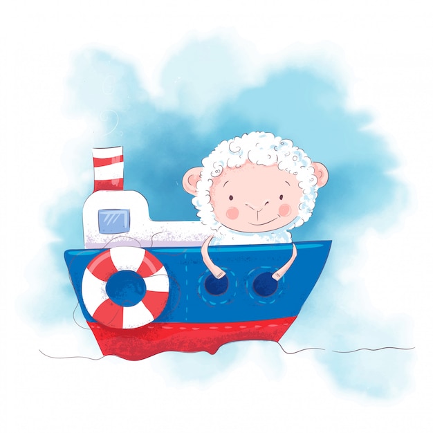 Ovelha bonito dos desenhos animados em um barco. Vetor Premium
