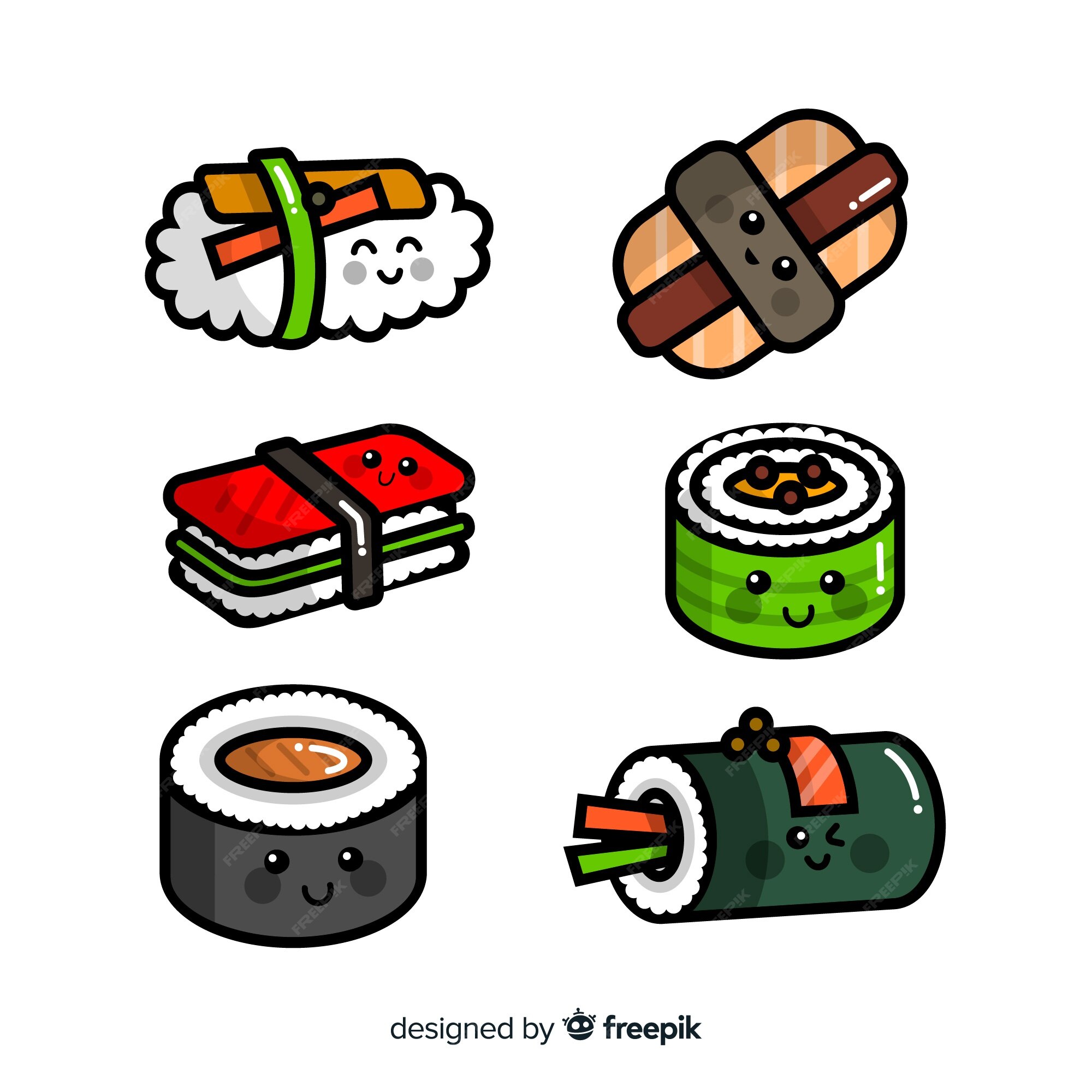 Pacote De Kawaii Sushi Mão Desenhada Vetor Grátis