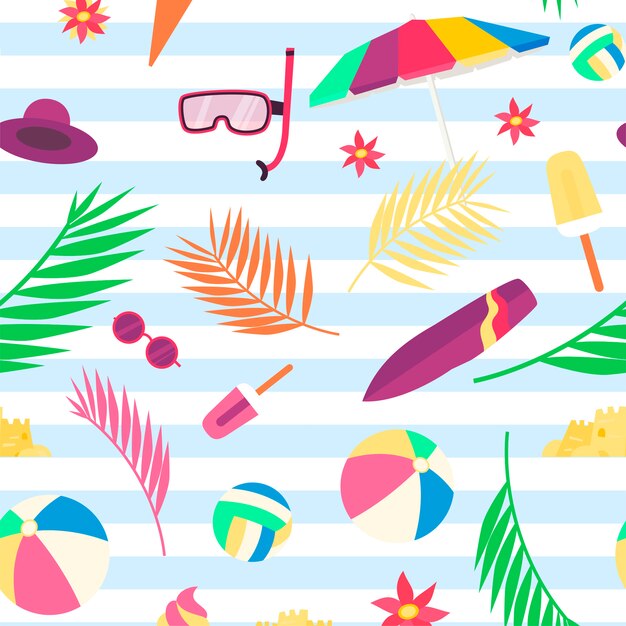 Padrão de verão com objetos de praia e acessórios Vetor Premium