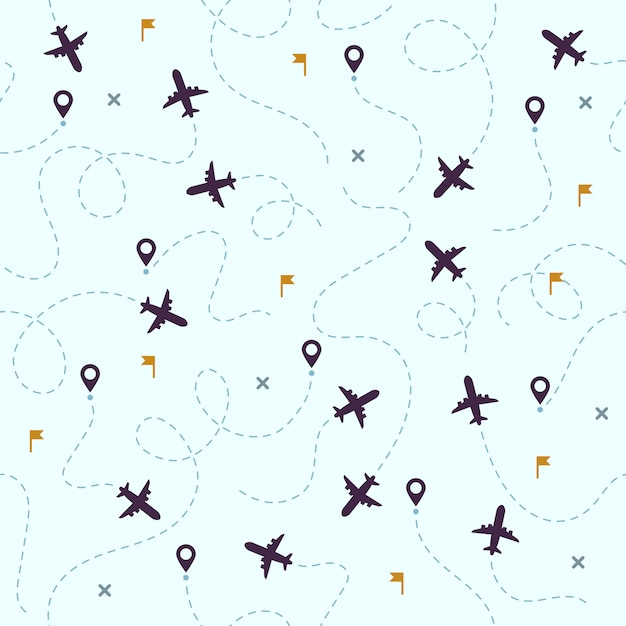 Padrão de voos de avião. viagens de avião, rotas de viagem avia e aviação perfeita Vetor Premium