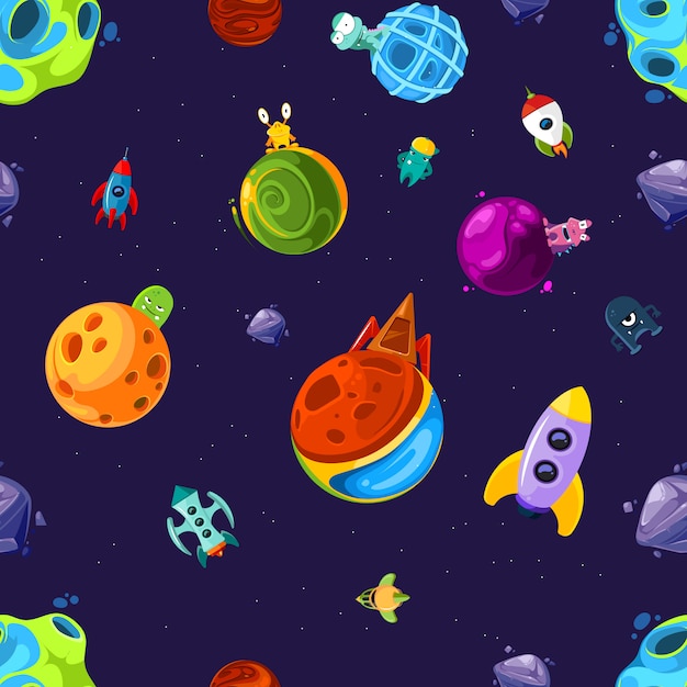 Padrão ou ilustração com planetas de espaço dos desenhos animados e navios Vetor Premium
