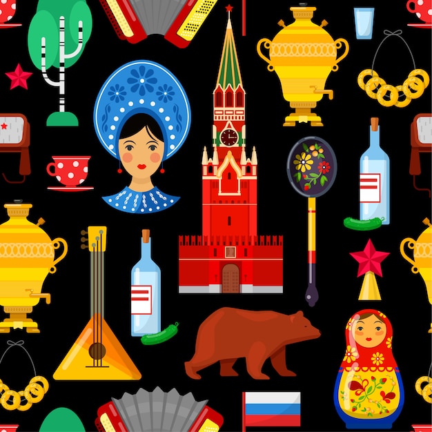 Padrão sem emenda com atributos russos tradicionais Vetor Premium