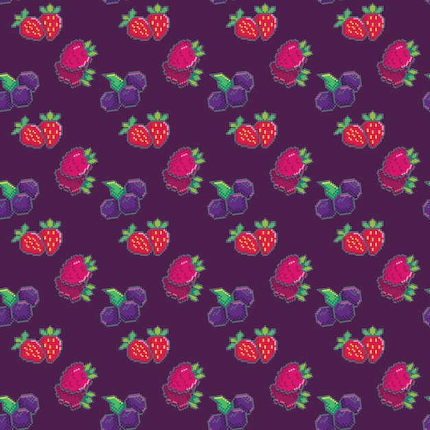 Padrão sem emenda com bagas. mirtilo, morango e framboesas. padrão de pixel para papel de parede, papel de embrulho, para impressões de moda, tecido, design. Vetor Premium