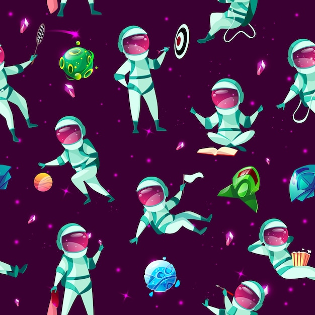 Padrão sem emenda com engraçado bonito astronautas jogando dardos, basquete, meditando badminton Vetor grátis