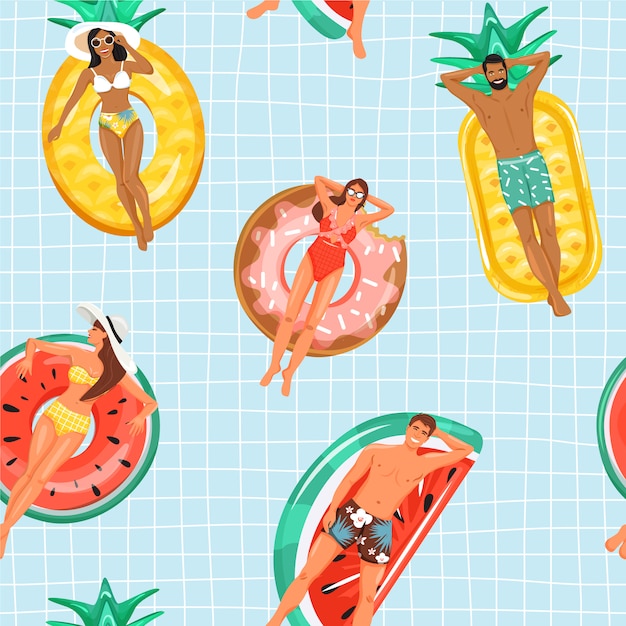 Padrão sem emenda com pessoas felizes, flutuando no anel inflável Vetor Premium