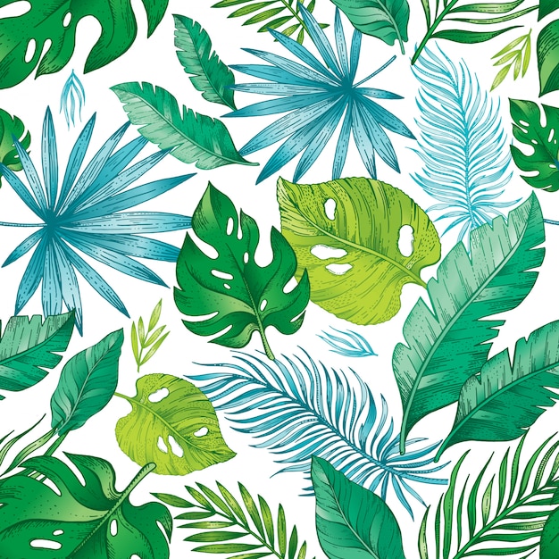Padrão sem emenda de folha de palmeira tropical. Vetor Premium